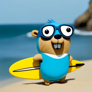 Go Blue Gopher with a surfboard at the ocean.