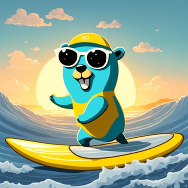 Go Blue Gopher with a surfboard at the ocean.