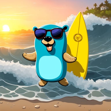 Go Blue Gopher with a surfboard at the ocean.