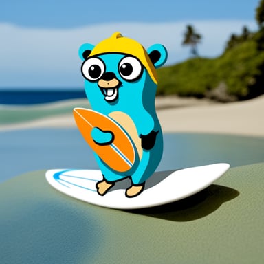 Go Blue Gopher with a surfboard at the ocean.