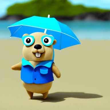Go Blue Gopher wearing swimming trunks at the beach.