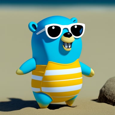 Go Blue Gopher wearing swimming trunks at the beach.