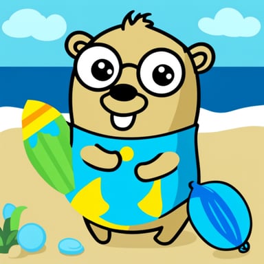 Go Blue Gopher wearing swimming trunks at the beach.