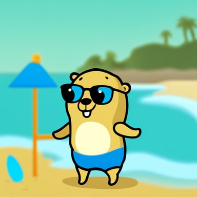 Go Blue Gopher wearing swimming trunks at the beach.