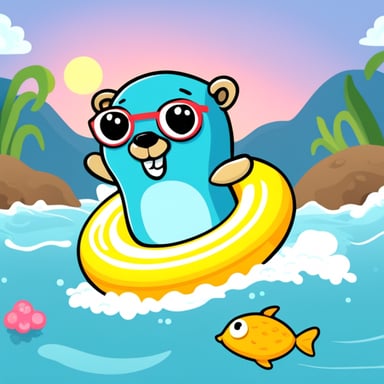 Go Blue Gopher swimming in the sea with a swimming ring.