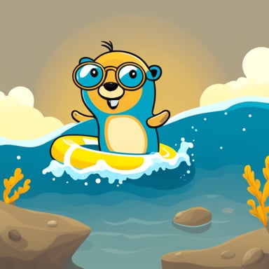 Go Blue Gopher swimming in the sea with a swimming ring.