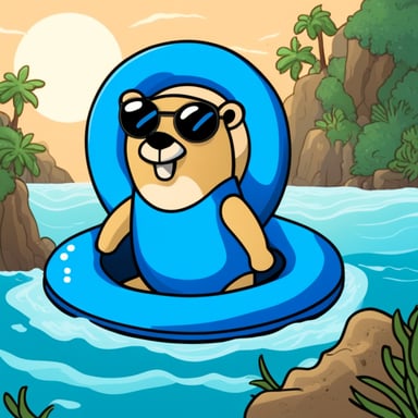 Go Blue Gopher swimming in the sea with a swimming ring.