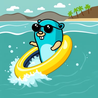 Go Blue Gopher swimming in the sea with a swimming ring.
