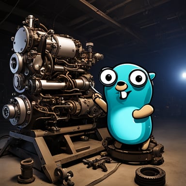 Go Blue Gopher fixing a complex engine.