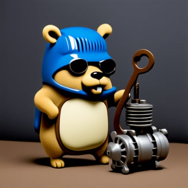 A go blue gopher, filled with determination, was sweating with a wrench in hand, fixing a blowing engine.
