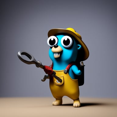 A go blue gopher, filled with determination, was sweating with a wrench in hand, fixing a blowing engine.