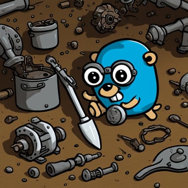 A go blue gopher, filled with determination, was sweating with a wrench in hand, fixing a blowing engine.
