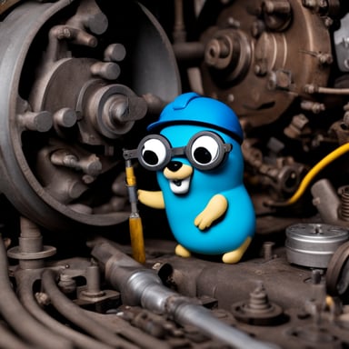 A go blue gopher, filled with determination, was sweating with a wrench in hand, fixing a blowing engine.