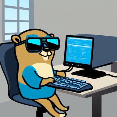 Go Blue Gopher at a computer with a neovim poster and a split kinesis keyboard.