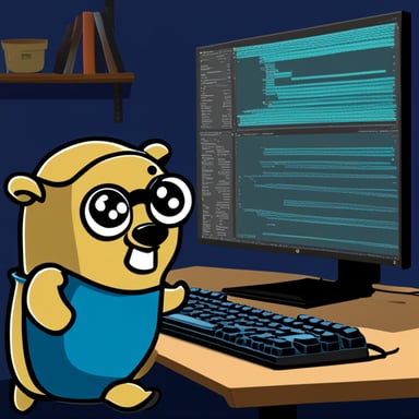 Go Blue Gopher at a computer with a neovim poster and a split kinesis keyboard.