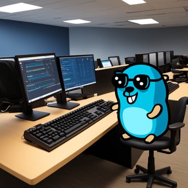 Go Blue Gopher at a computer with a neovim poster and a split kinesis keyboard.