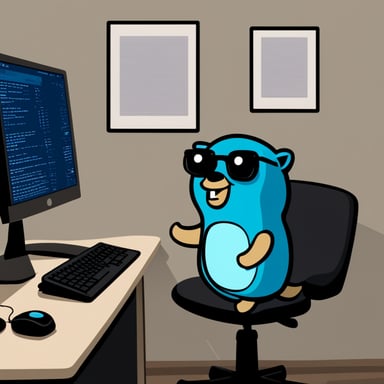 Go Blue Gopher at a computer with a neovim poster and a split kinesis keyboard.