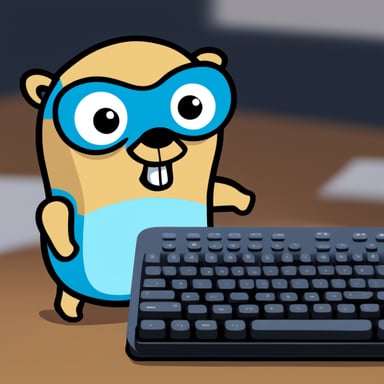 Go Blue Gopher next to a split keyboard that is in two halves.