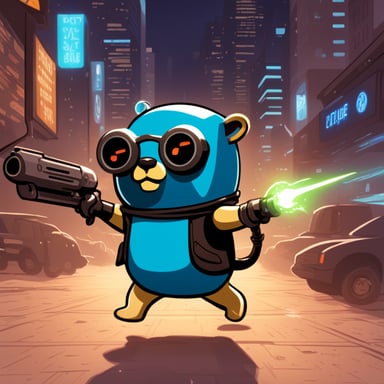 Go blue gopher as a cyberpunk part android defeating atom smasher.