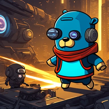 Go blue gopher as a cyberpunk part android defeating atom smasher.
