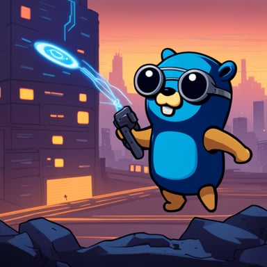 Go blue gopher as a cyberpunk part android defeating atom smasher.