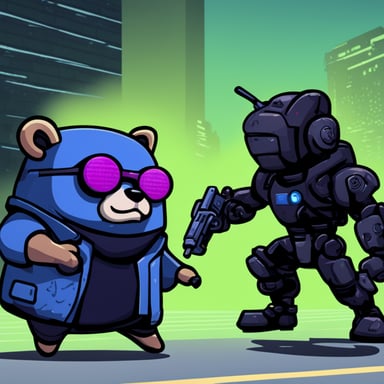 Go blue gopher, a cyberpunk part-android, defeating Adam Smasher from Cyberpunk.