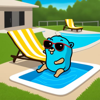 Go Blue Gopher relaxing by a swimming pool.