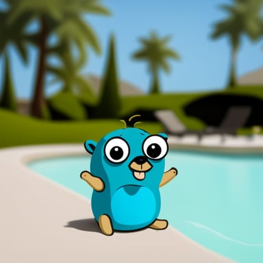 Go Blue Gopher relaxing by a swimming pool.