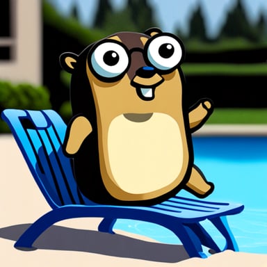 Go Blue Gopher relaxing by a swimming pool.