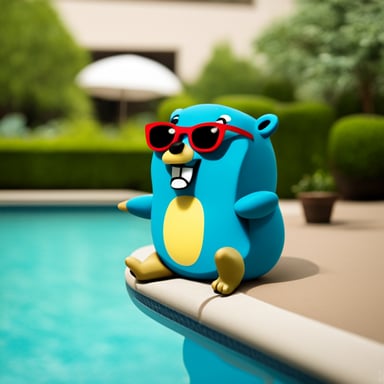 Go Blue Gopher relaxing by a swimming pool.