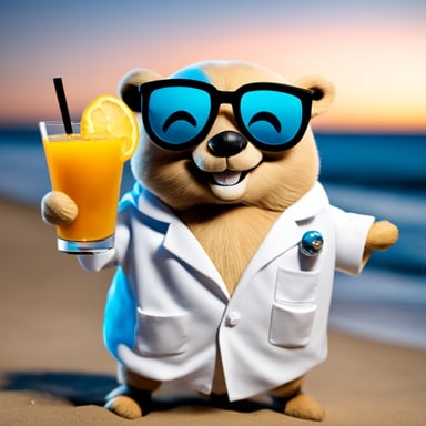 A happy go blue gopher wearing a lab coat, holding a cocktail while relaxing on the beach.