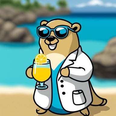 A happy go blue gopher wearing a lab coat, holding a cocktail while relaxing on the beach.
