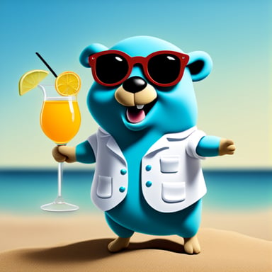 A happy go blue gopher wearing a lab coat, holding a cocktail while relaxing on the beach.