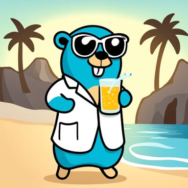 A happy go blue gopher wearing a lab coat, holding a cocktail while relaxing on the beach.