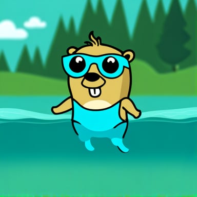 Go Blue Gopher in swimming trunks.