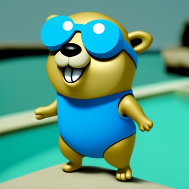 Go Blue Gopher in swimming trunks.