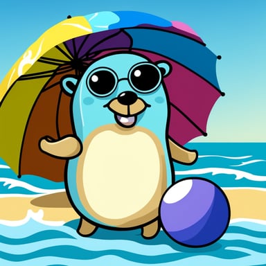 Go Blue Gopher enjoys the sun on the beach while playing with a colorful ball, with a parasol in the background.
