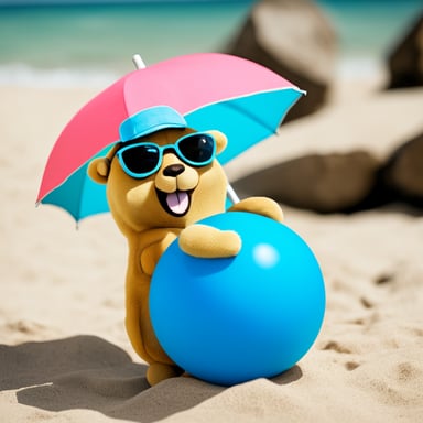 Go Blue Gopher enjoys the sun on the beach while playing with a colorful ball, with a parasol in the background.