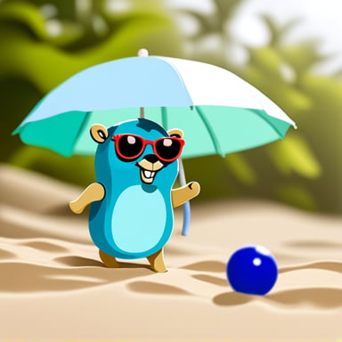 Go Blue Gopher enjoys the sun on the beach while playing with a colorful ball, with a parasol in the background.