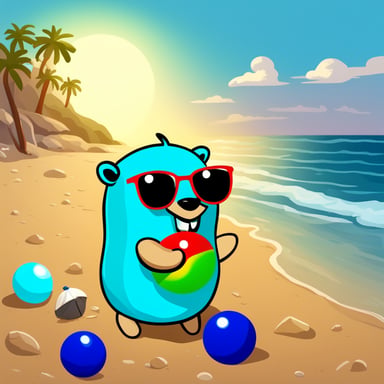 Go Blue Gopher enjoys the sun on the beach while playing with a colorful ball, with a parasol in the background.