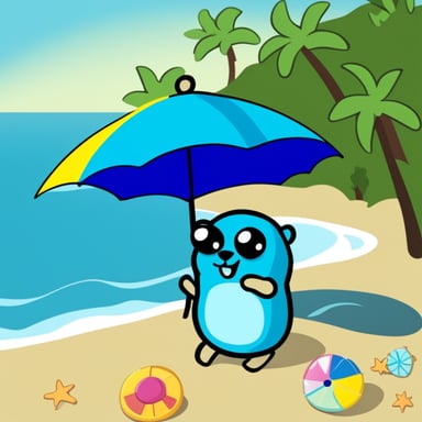 Go Blue Gopher enjoys sun at the beach with a colorful parasol.