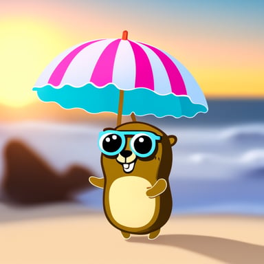 Go Blue Gopher enjoys sun at the beach with a colorful parasol.