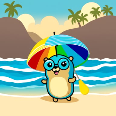 Go Blue Gopher enjoys sun at the beach with a colorful parasol.