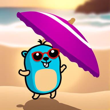 Go Blue Gopher enjoys sun at the beach with a colorful parasol.