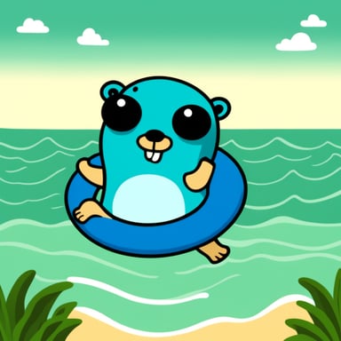 Go Blue Gopher with a swimming ring in the sea.