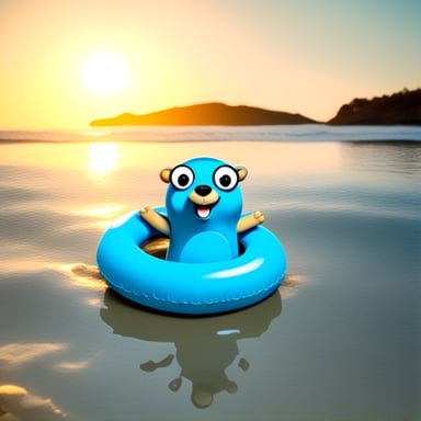 Go Blue Gopher with a swimming ring in the sea.
