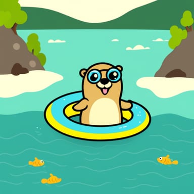 Go Blue Gopher with a swimming ring in the sea.