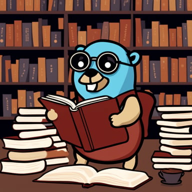Go Blue Gopher reading a book about programming language Go.