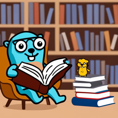 Go Blue Gopher reading a book about programming language Go.