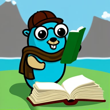 Go Blue Gopher reading a book about programming language Go.